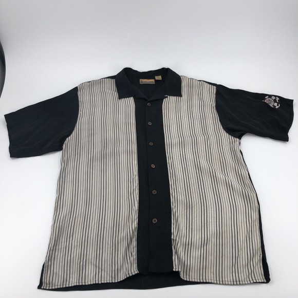 Bobby Chan World Series Poker Silk Button Front Shirt XL Black Ivory Stripe WSOP - Picture 2 of 13